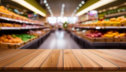 empty wooden table with supermarket space as background