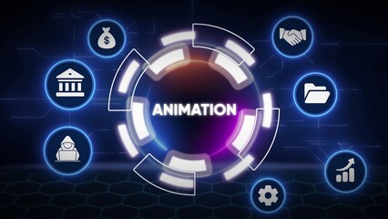 Naklejka premium Digital network with icons representing business and technology concepts around the word ANIMATION