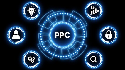 Digital PC concept with glowing icons and central text on black background pay per click advertising