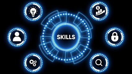 Digital skills concept with glowing icons for idea, finance, security, search, and people lightbulb growth