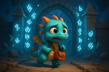 Baby dragon's quest illustration with cute dragon and ancient magical symbols in mysterious stone courtyard