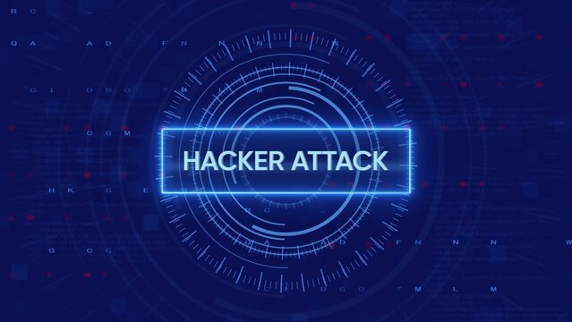 Digital screen displaying HACKERATACK text within a neon blue circular interface on a dark blue background with code elements