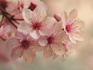 Fototapeta premium Close-up of delicate light pink cherry blossoms with yellow pollen on soft blurred neutral background during springtime bloom