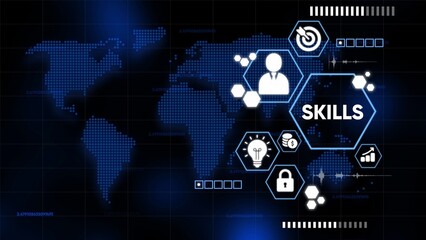 Digital World Map With Skills Infographic And Futuristic Technology Elements image photo