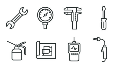 Engineering tools silhouette icon set. featuring wrench, gauge, caliper, screwdriver, oil can, blueprint, meter, and drill symbols.