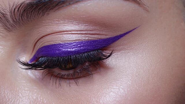 Makeup artist applying purple eyeliner on eyelid of young woman with long black eyelashes and perfect skin, creating a glamorous and dramatic look