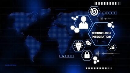Futuristic Digital World Map with Technology Integration Icons and Data Streams business