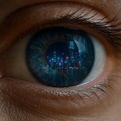 Human Eye Reflecting a Vibrant and Modern Cityscape at Night