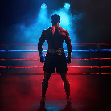 Boxer facing spotlight in blue-red ring atmosphere, representing strength, power, and determination