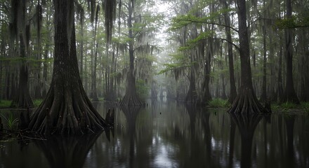 Obraz premium Misty Cypress Swamp with Spanish Moss.
