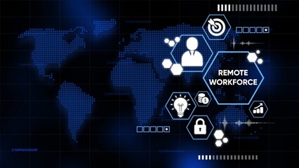 Global Network with Remote Workforce Icons and Digital Data Streams on Dark Futuristic Background technology