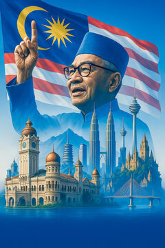 Portrait of Tunku Abdul Rahman with iconic skyline and Malaysian flag in background