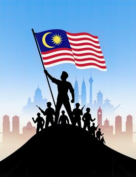 Crowd silhouettes holding Malaysian flag high, symbolizing unity, independence, and national pride