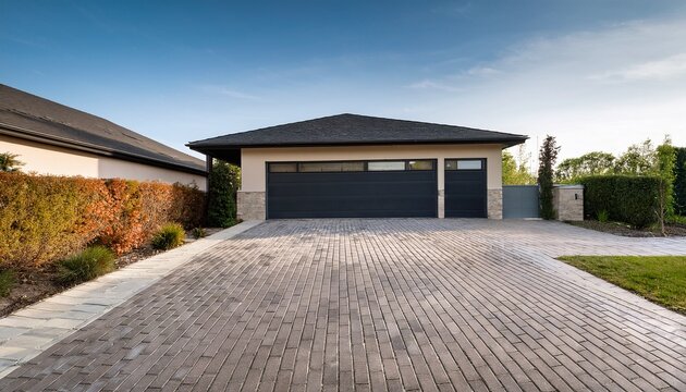 modern driveway and garage with interlocking pavers