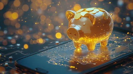 Explore the realm of futuristic finance featuring digital piggy bank alongside virtual coins displayed sleek smartphone interface reflecting latest trends modern banking innovative financial practices