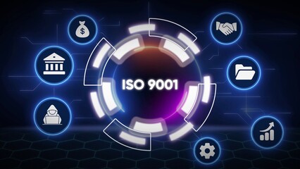 Obraz premium ISO 9001 quality management concept with interconnected icons and digital network background ISO 9001
