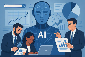 Diverse team collaborating with ai technology for empowering decision making in business settings. concept of artificial intelligence, teamwork, data analysis