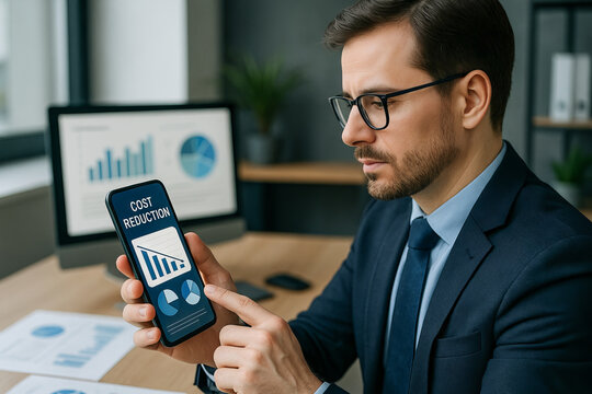 Digital financial analysis and cost reduction on smartphone by businessman in office setting. concept of economic strategy, modern technology integration, corporate efficiency
