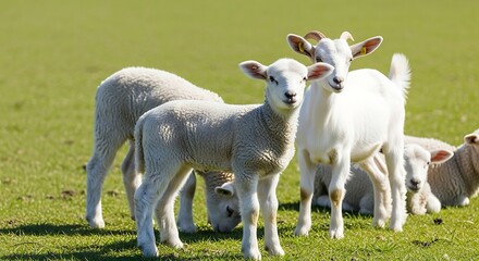 Fototapeta premium Lambs and goats grazing in a green field.