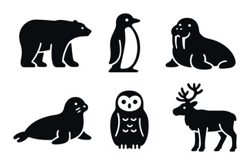Arctic wildlife silhouette icon set. featuring bear, penguin, walrus, seal, owl, and reindeer.