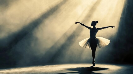 Ballet dancer in tutu performing on stage with dramatic lighting. Silhouette in pose under spotlight with soft mist on floor and dark theatrical background. Generative AI