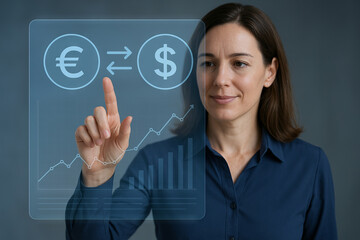 Business woman interacting with translucent currency exchange hud display featuring euro and dollar symbols and graphs. concept of international finance, digital interface, technology