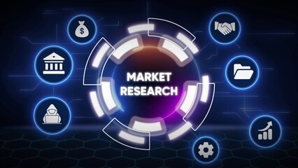 Market research concept with icons for finance security and growth on dark background marketing strategy