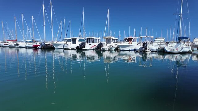 alignement de bateaux dans le port de narbonne en &eacute;t&eacute;, avec les reflet