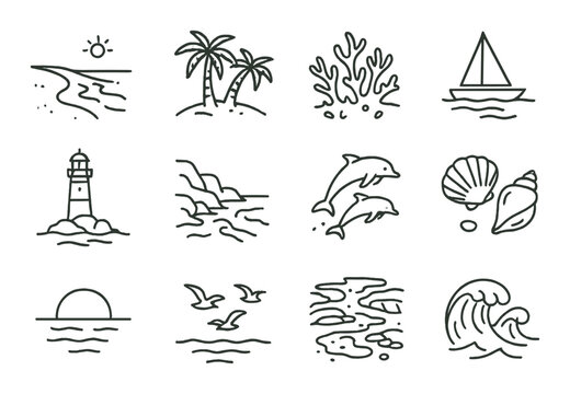 Beach and sea linear icon set. featuring sun, palm trees, coral, sailboat, lighthouse, dolphins, and shells.