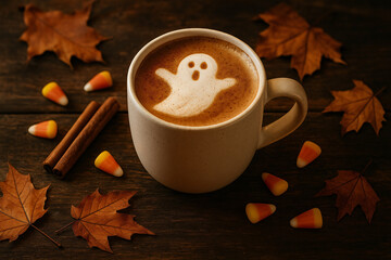 Halloween ghost latte art coffee cup with autumn leaves, cinnamon sticks and candy corn on rustic wooden table, cozy fall season hot drink, spooky cute holiday concept background
