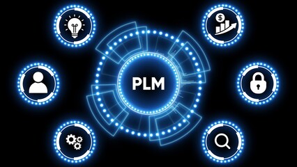 PLM product lifecycle management concept with glowing digital interface and business icons software