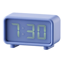 3D a light blue, rectangular digital alarm clock displaying 730