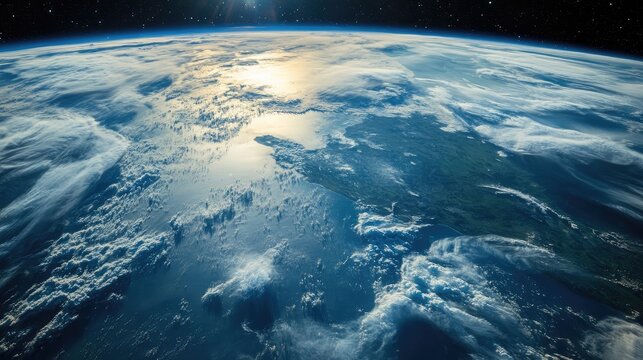 View of Earth from space showing clouds over ocean and landmass. Curved horizon under sunlight with visible atmosphere and space in background. Generative AI - Powered by Adobe