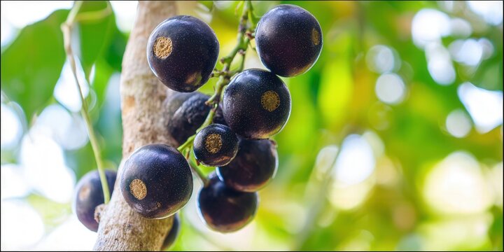 Java plums, ripe and ready to eat, hang from a branch in a lush, green environment.