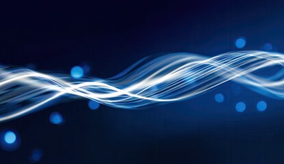 Abstract wave graphic with light streaks on a dark blue background