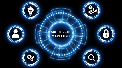 Successful marketing concept with glowing blue HUD elements and icons on black background business