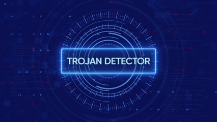 TROJANDETECTOR text in a glowing blue rectangle within a circular HUD on a dark blue background with code and data