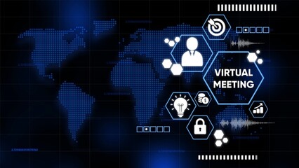 Virtual Meeting Concept on a Digital World Map with Communication Icons technology business