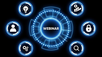 Webinar concept with glowing icons and central text online seminar virtual event