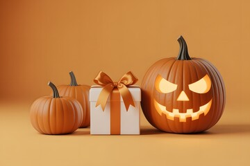 Spooky jack o lantern and gift box for halloween on orange colored background