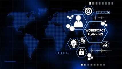 Workforce Planning Digital Interface with World Map and Business Icons human resources management