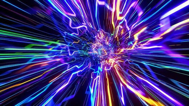 Vibrant neon light streaks weaving through dark tunnel, intersecting and spreading, revealing kaleidoscopic color transitions with shifting luminosity