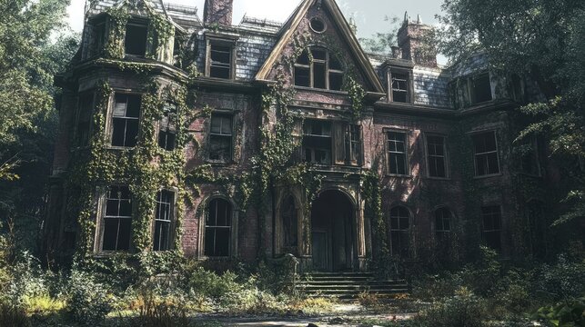 Abandoned house covered in ivy and overgrowth. Broken windows and aged facade create eerie mood in natural overgrown surroundings. Generative AI
