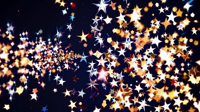 Golden stars falling, swirling across dark blue background, generating magical festive mood for holiday celebrations and special event designs