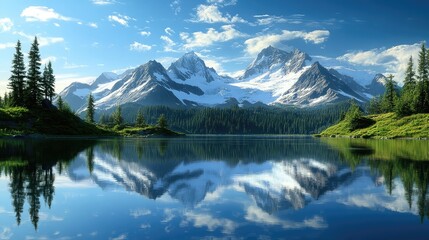 Clear lake reflects pine trees and snow-covered mountains beneath bright blue sky. Rocky shoreline and crystal water enhance peaceful scene with vivid colors and sharp natural details. Generative AI