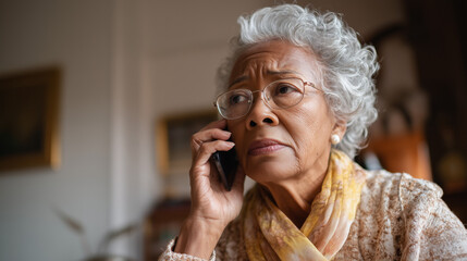 Vulnerable senior black woman talking on the phone to a scammer. AI fraud phone scam. Vulnerable lonely elderly pensioner using mobile. Artificial intelligence scamming. Bank fraud