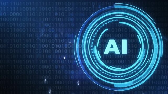 Artificial intelligence logo with blue concentric circles, binary code background background