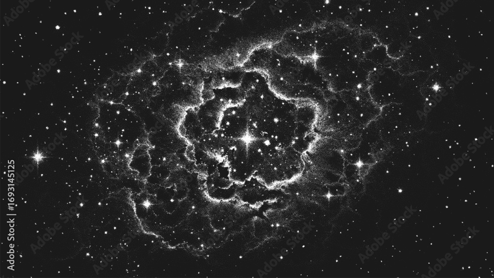 Wall mural deep space scene background in stippling style with amazing huge nebula and glowing stars cluster in