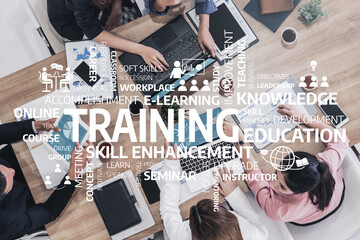 A diverse group of professionals engaged in a dynamic training session, focusing on skill enhancement and knowledge sharing in a collaborative workplace environment. Tessel