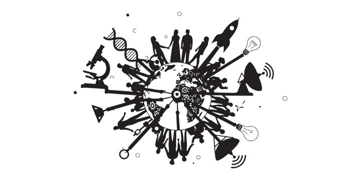 A radial illustration depicts diverse human activities and scientific advancements radiating from a central point, symbolizing interconnectedness and progress.